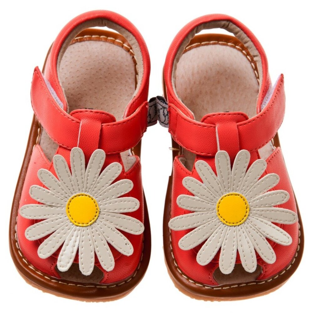 NEW ⭐️ Coral Red Squeaky Daisy Sandals - Baby Size 3